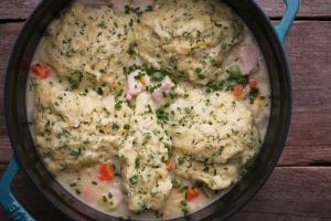 turkey soup and chive dumplings with morel mushrooms