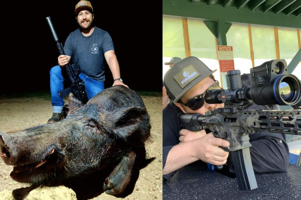 Evan Ogden with Pulsar-equipped rifles. Setting up for hog hunting at night