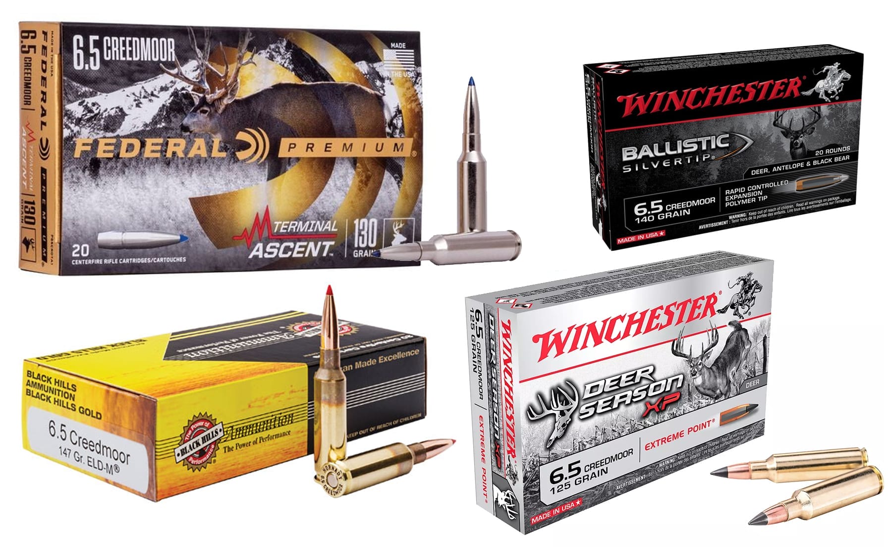 Federal Terminal Ascent, Winchester Ballistic Silvertip, Black Hills, and Winchester 6.5 Creedmoor Deer Season XP