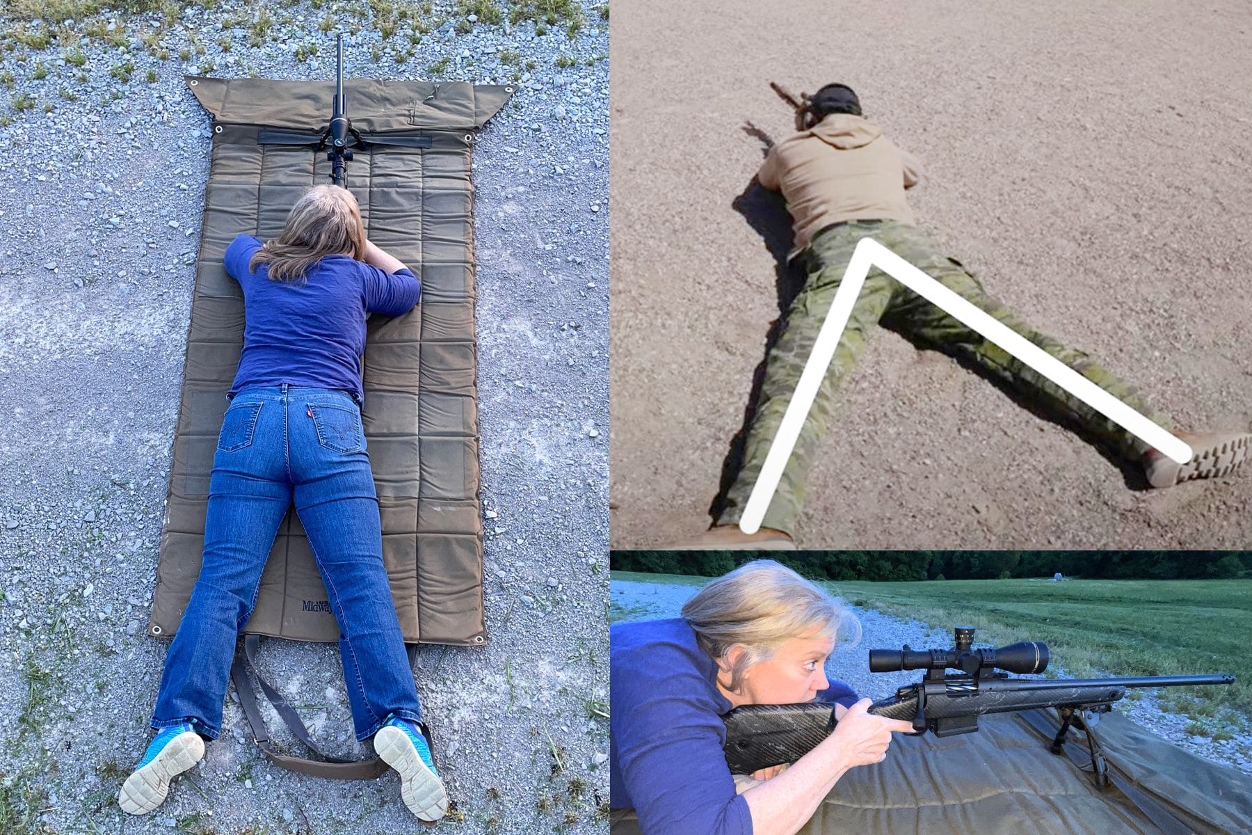 Leg position varies while shooting prone with the “V” shape as the predominant. The dominant leg in line with the line of the bore will absorb the most recoil straight to the rear. 