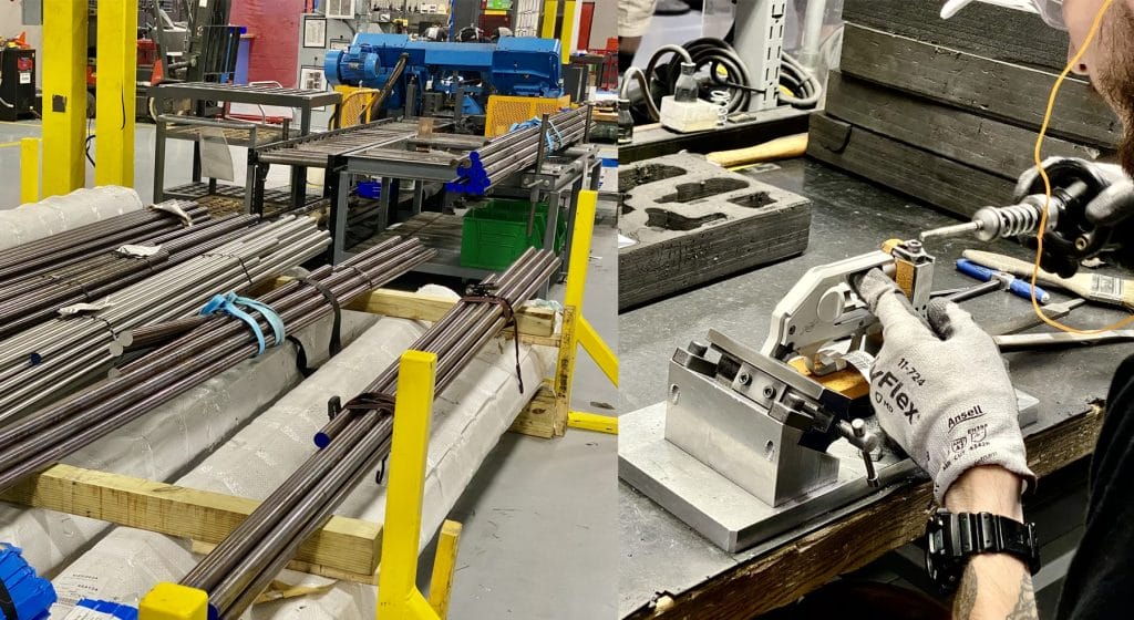 (Above left) For superior strength, Kimber handgun components start off as solid steel. (Above right) A Kimber employee performing hand-fitting work on a revolver frame.