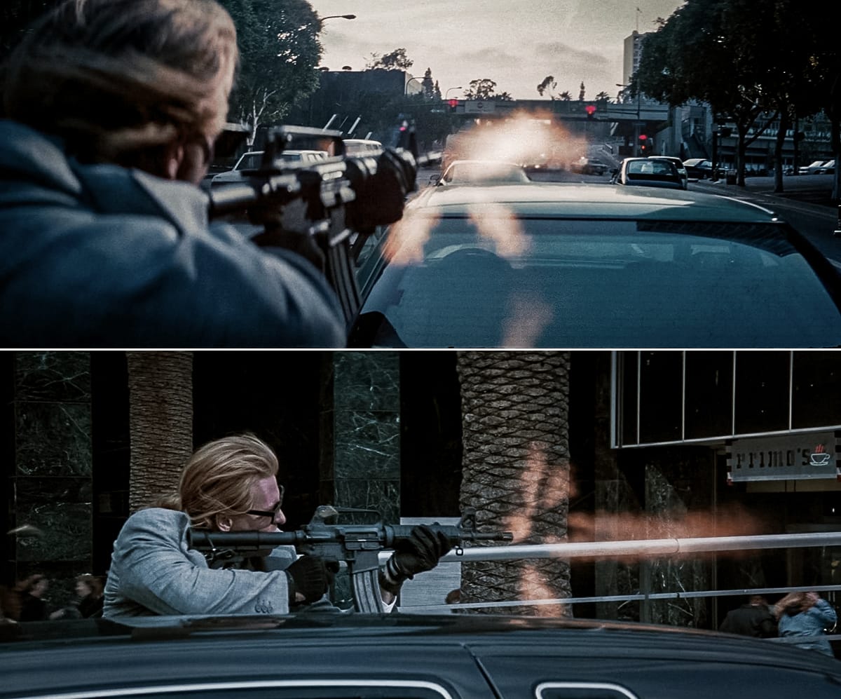 Chris firing a Colt 733 during the bank robbery in Heat (1995)