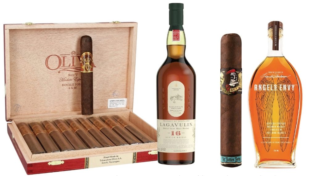 Lagavulin 16 Year Old Single Malt Scotch Whiskey & Oliva Serie V Melanio Toro ; Angel’s Envy Kentucky Straight Bourbon Whiskey & Deadwood Fat Bottom Betty 